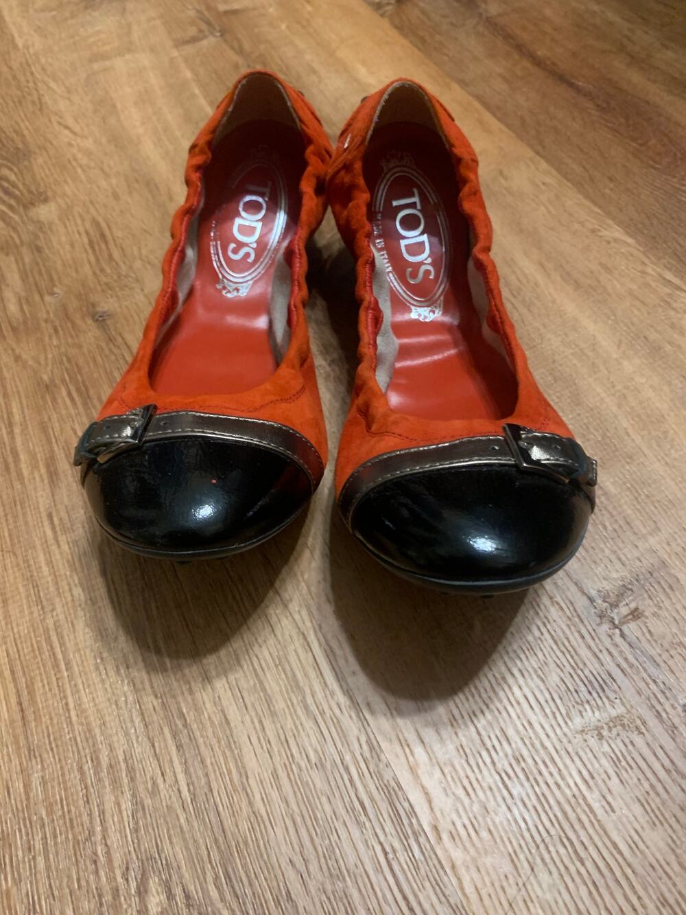 Tod's Red and Black Suede Patent Toe Ballet Flats